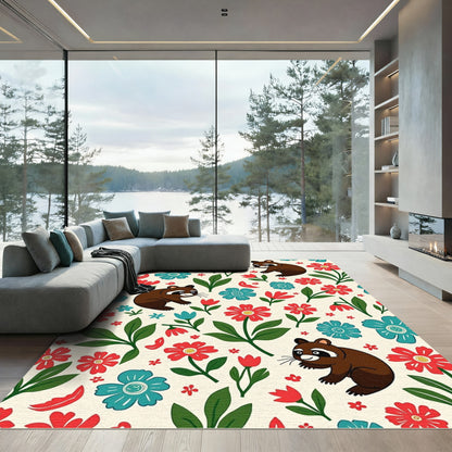 Playful Raccoon Floral Whimsical Garden Rug