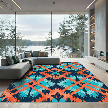 Coral Teal Diamond Geometric Pattern Rug