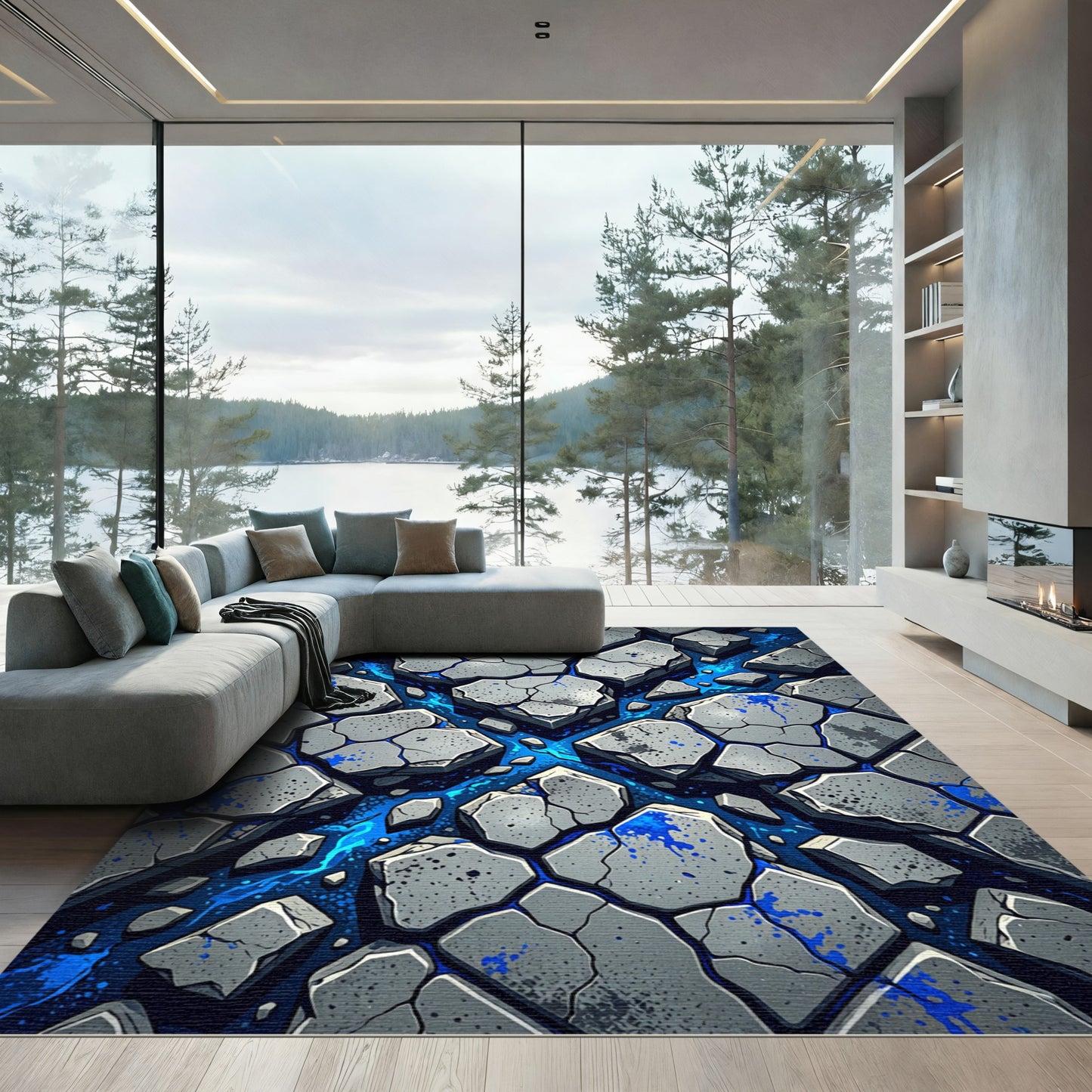 Gray Cracked Stone With Blue Splatter Rug