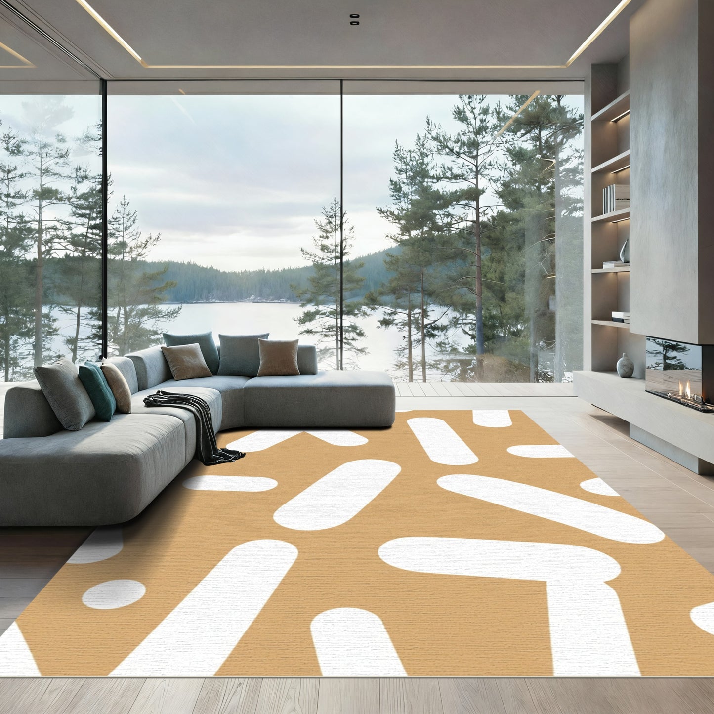 Brown White Abstract Shapes Rug