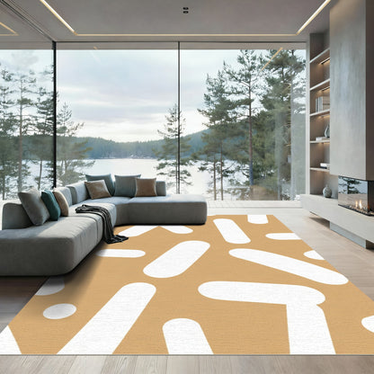 Brown White Abstract Shapes Rug