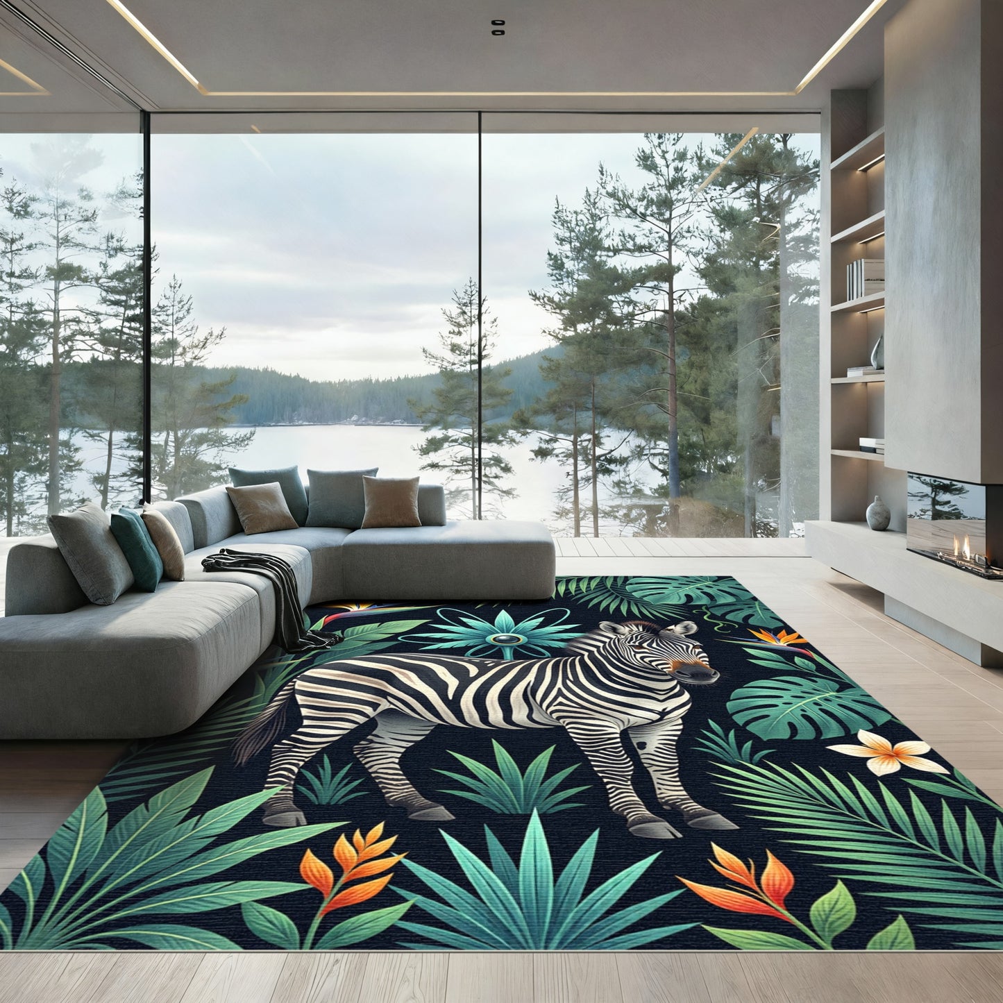 Jungle Zebra Tropical Floral Garden Rug
