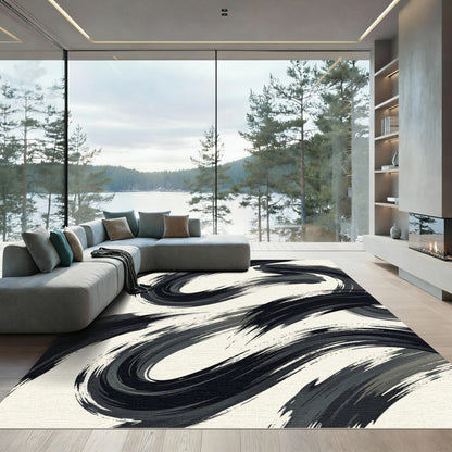 Bold Black Abstract Brush Strokes Rug