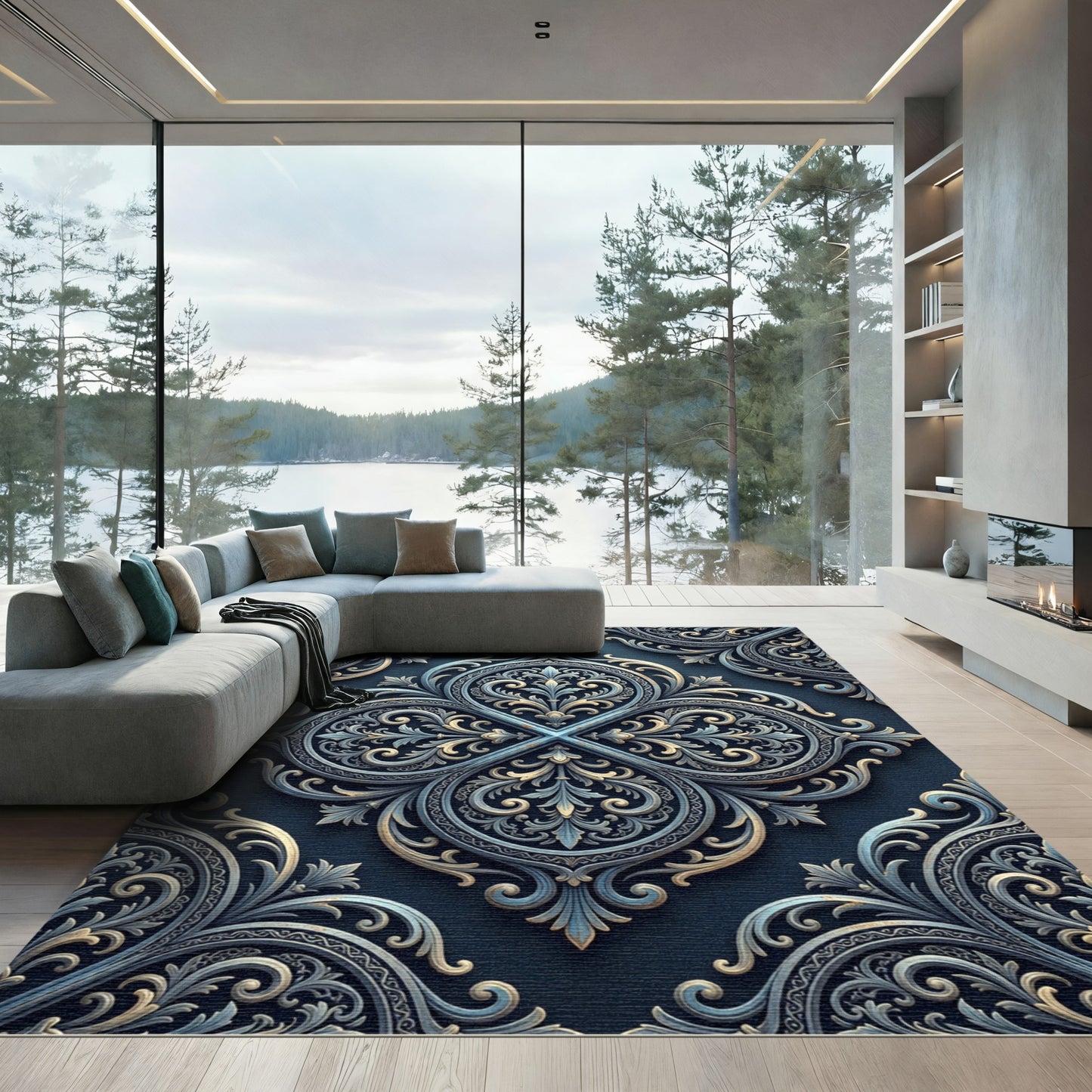 Ornate Blue Gold Damask Medallion Rug