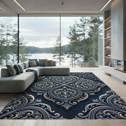 Ornate Blue Gold Damask Medallion Rug