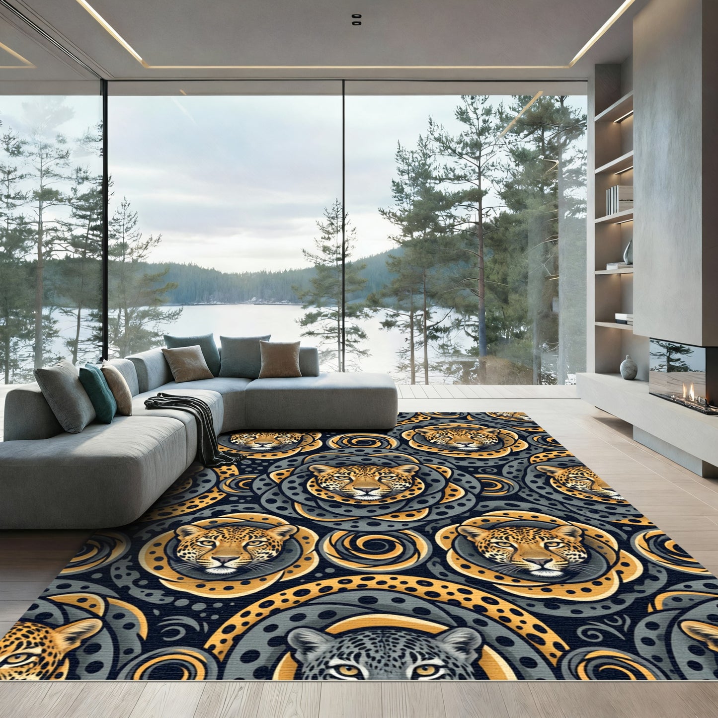 Golden Jaguar Rosette Swirls Rug