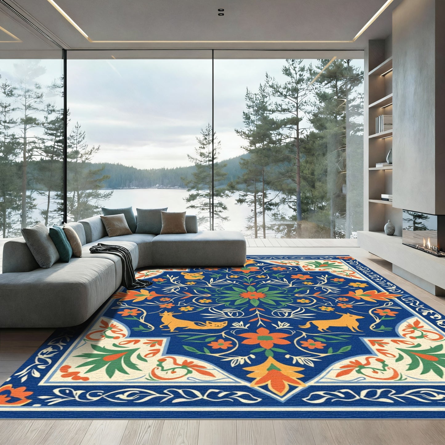 Deep Blue Floral Animal Garden Rug