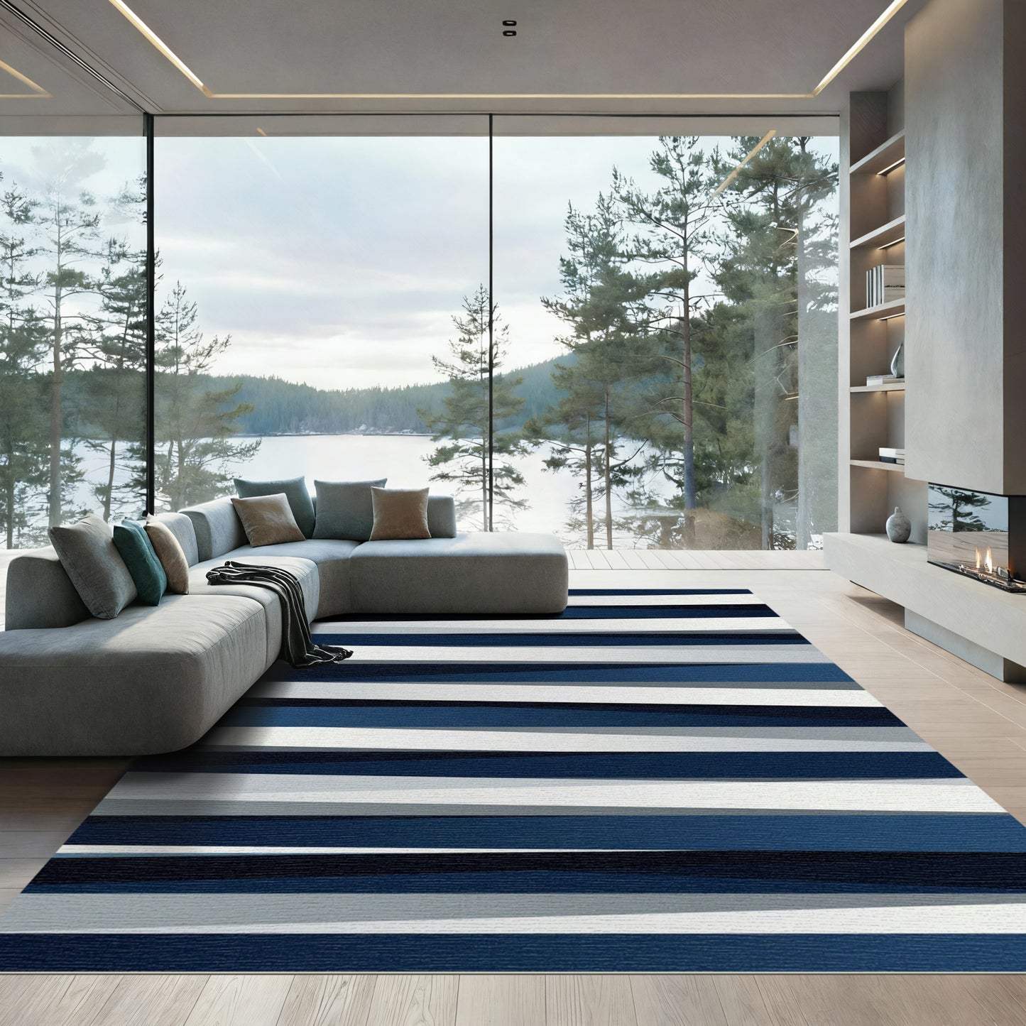 Modern Navy White Layered Stripe Rug