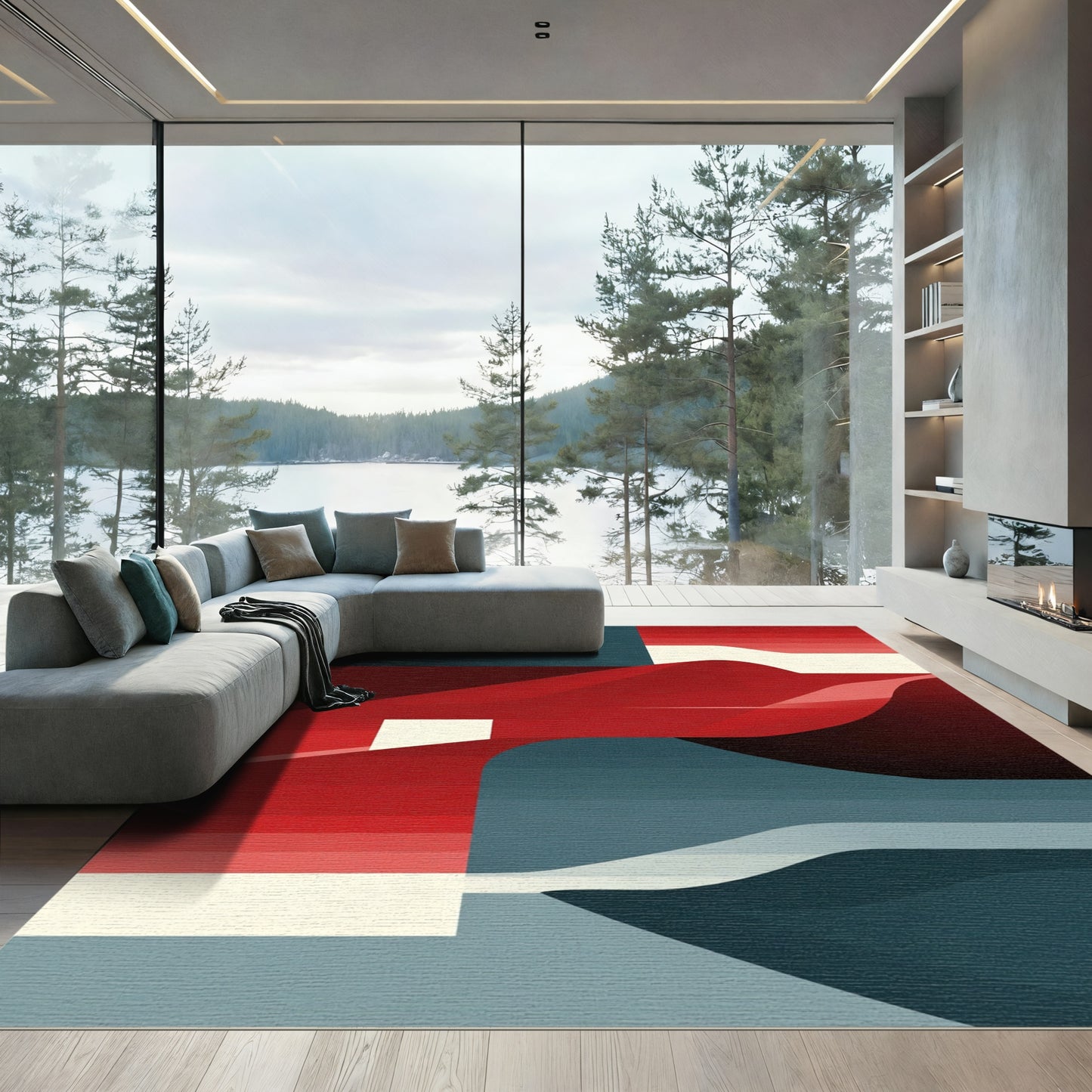Abstract Red Blue Geometric Waves Rug
