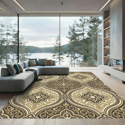 Elegant Gold Damask Scroll Medallion Rug