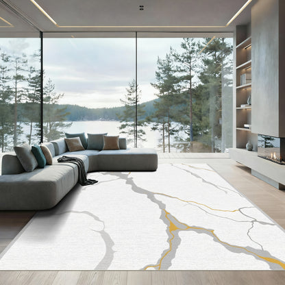 White Gray Gold Veined Marble Rug