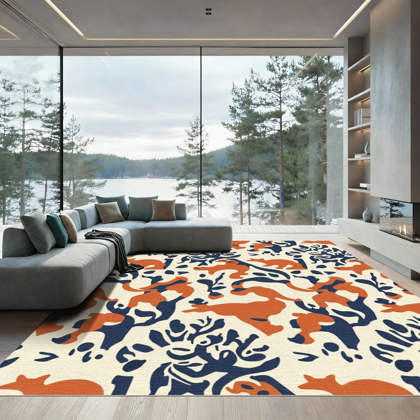 Orange Navy Whimsical Fauna Composition Rug