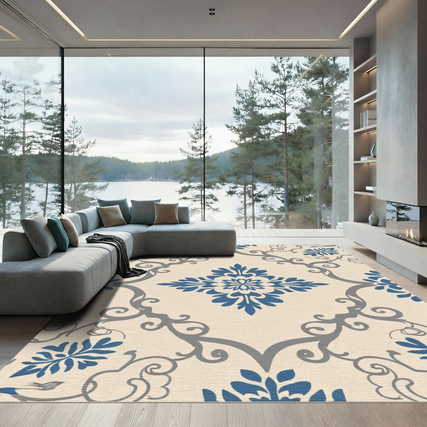 Cream Blue Gray Floral Damask Rug