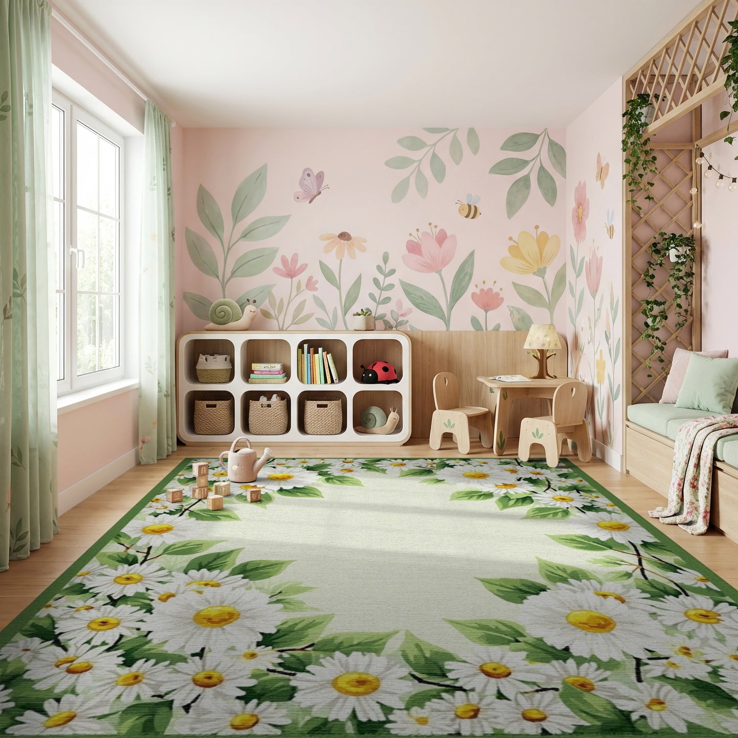 Fresh White Daisies Green Leaf Border Rug