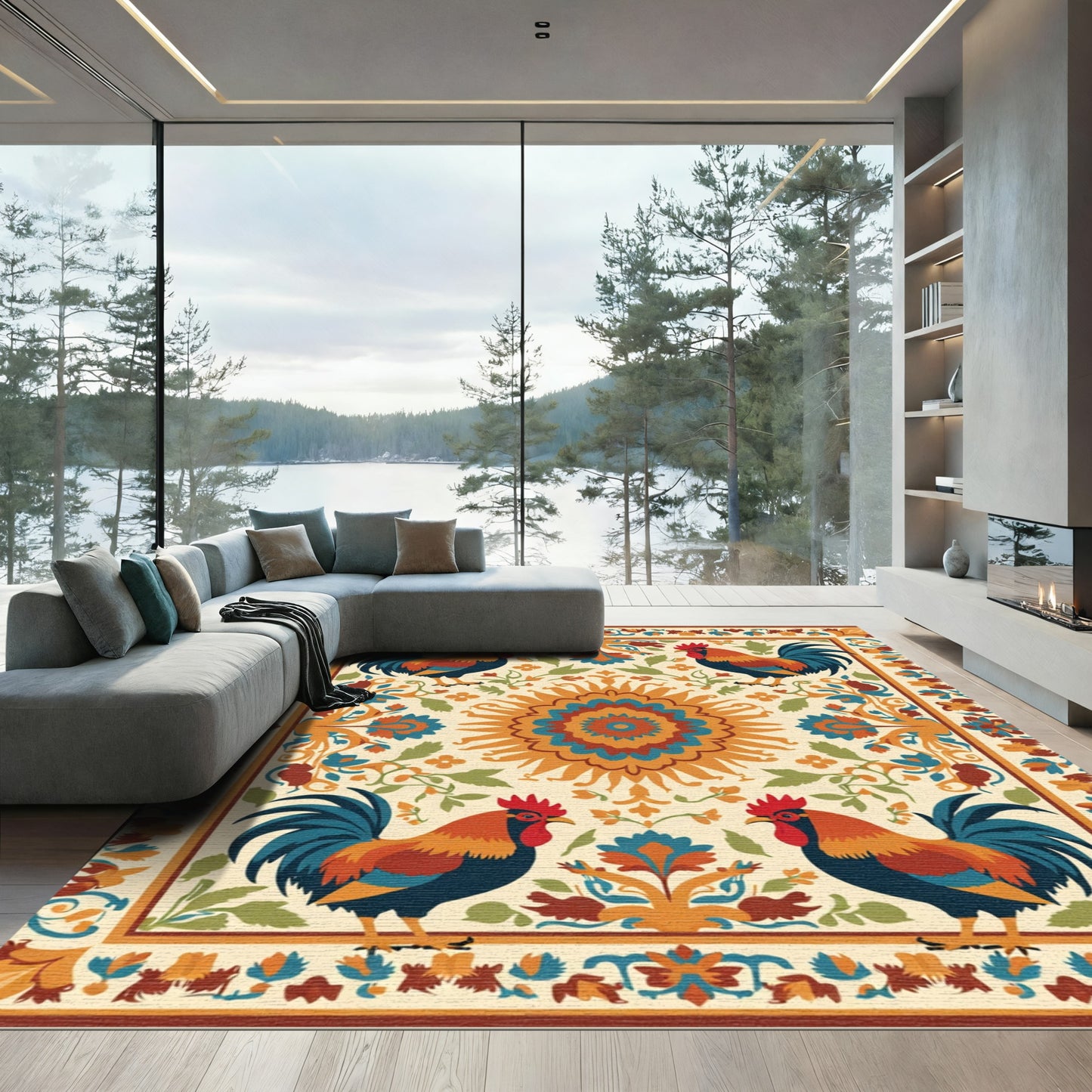 Vibrant Rooster Floral Sun Medallion Rug