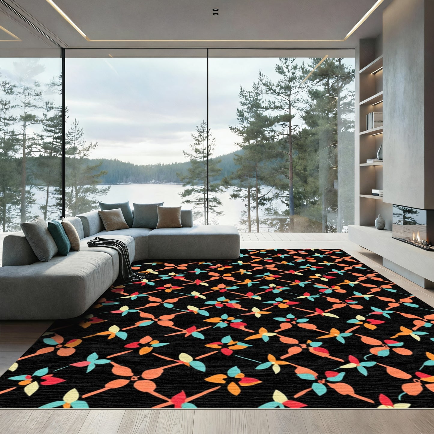 Modern Colorful Floral Lattice Rug