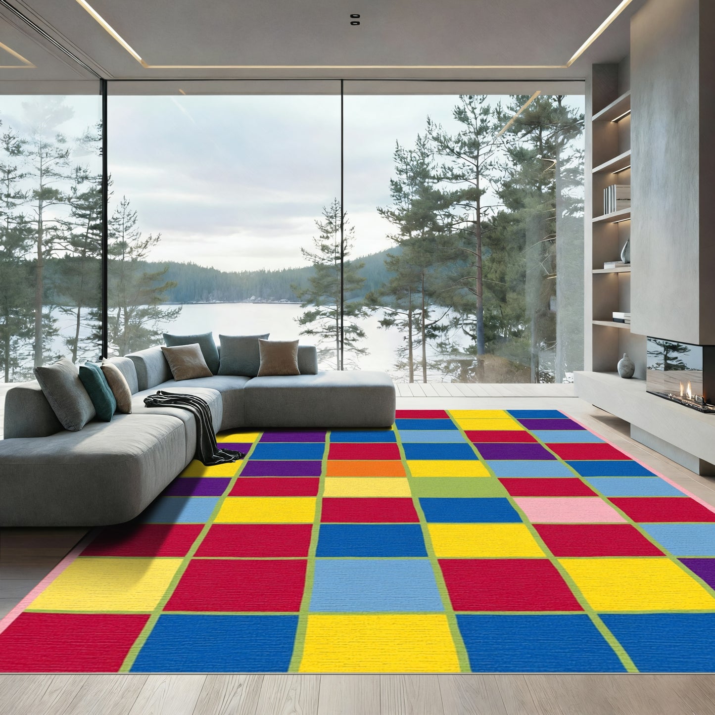 Colorful Grid Of Squares Rug