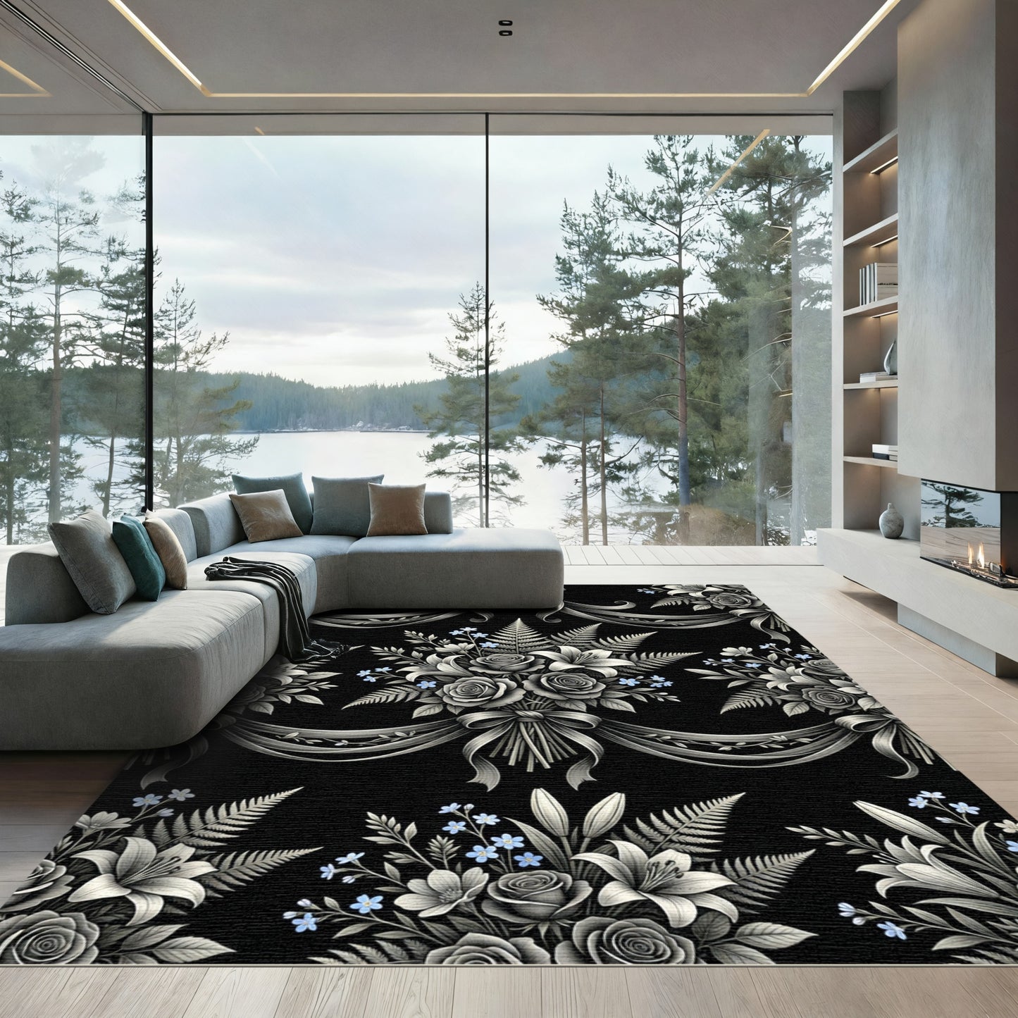 Ornate Bouquet Black White Ribbon Rug