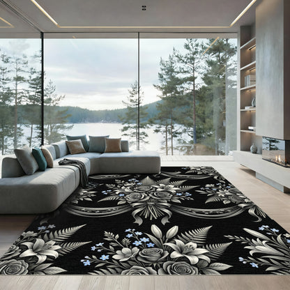 Ornate Bouquet Black White Ribbon Rug