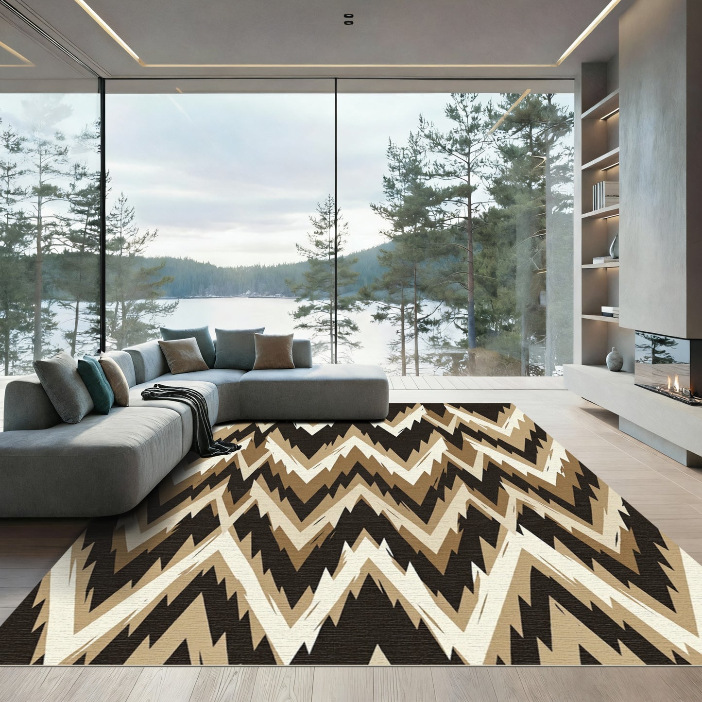 Earthy Tan Jagged Chevron Line Art Rug