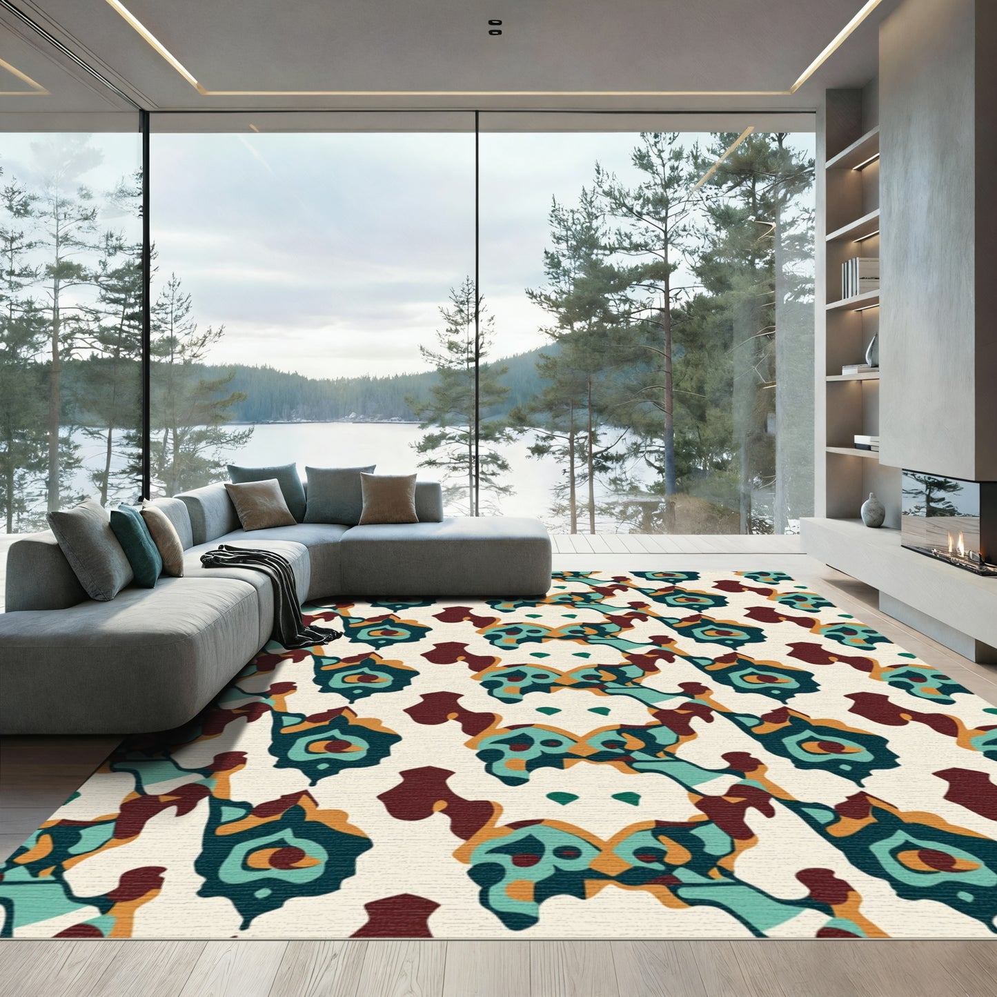 Ornate Teal Amber Medallion Arrangement Rug