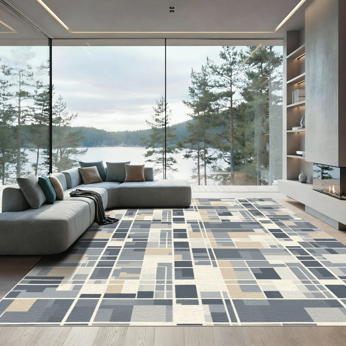 Geometric Grid Slate Tan Rug