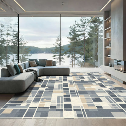 Geometric Grid Slate Tan Rug