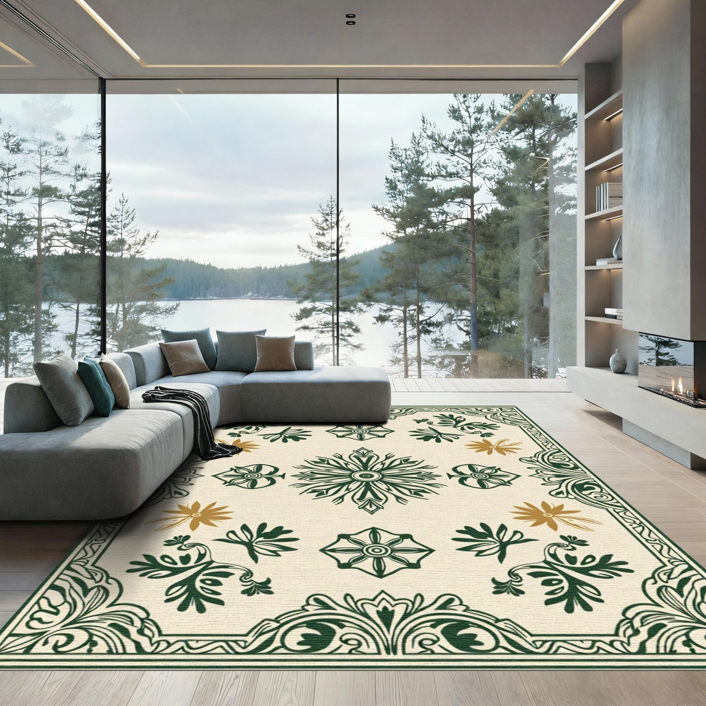 Green Ivory Floral Medallion Swirl Rug