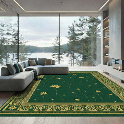 Deep Green Golden Floral Border Rug