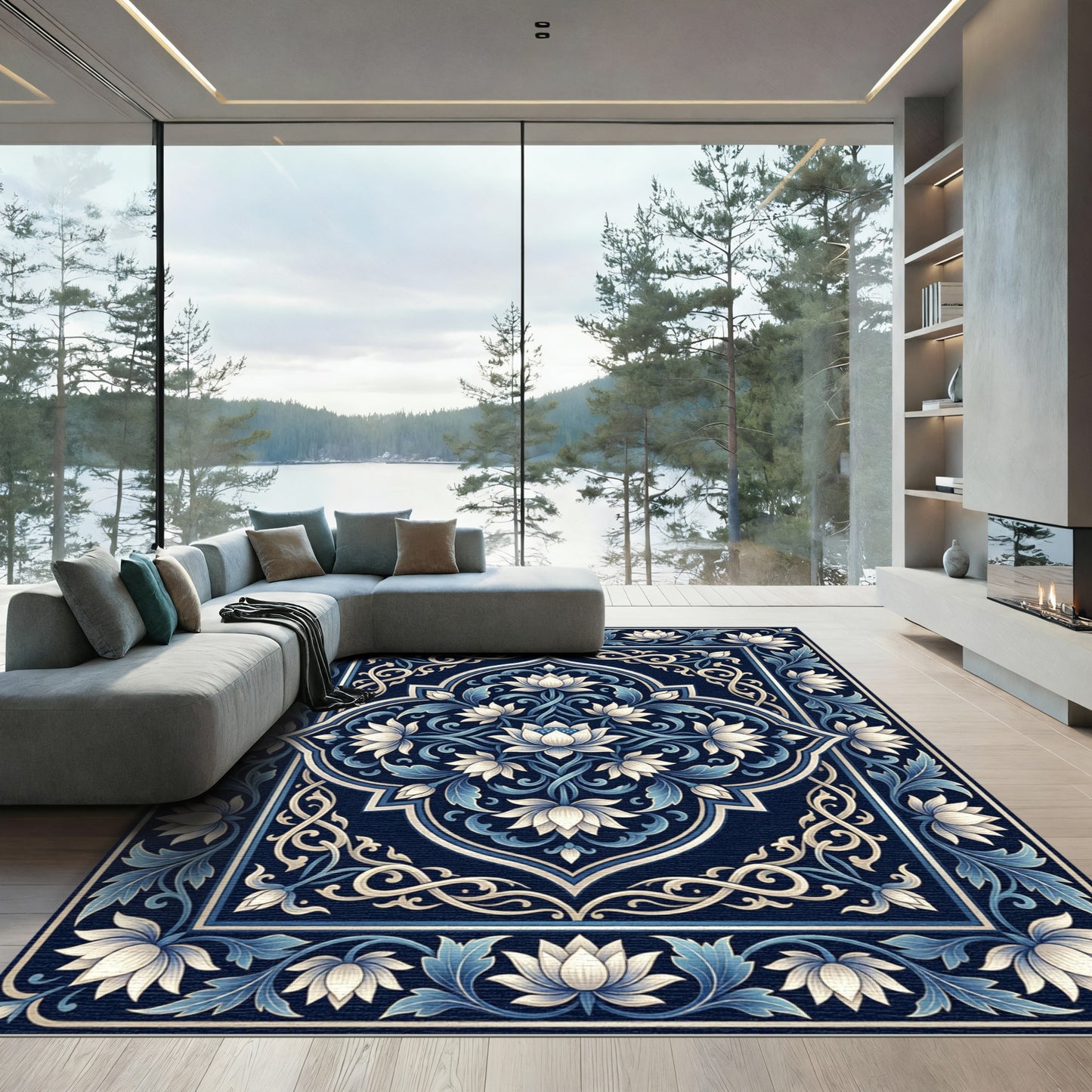 Ornate Blue Lotus Floral Medallion Rug