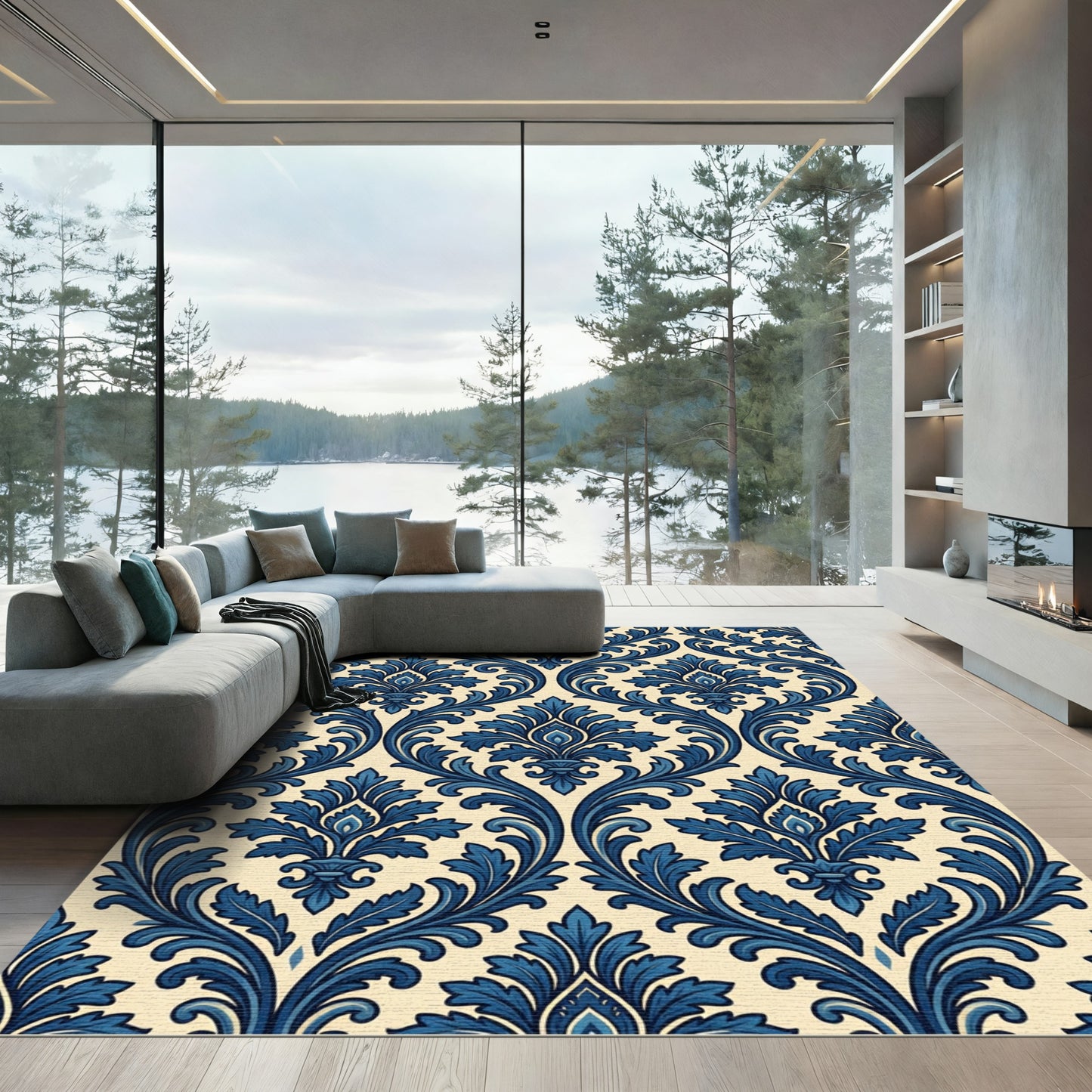 Elegant Navy Damask Scroll Accent Rug