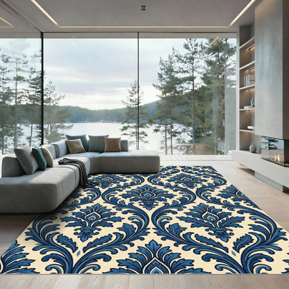 Elegant Navy Damask Scroll Accent Rug