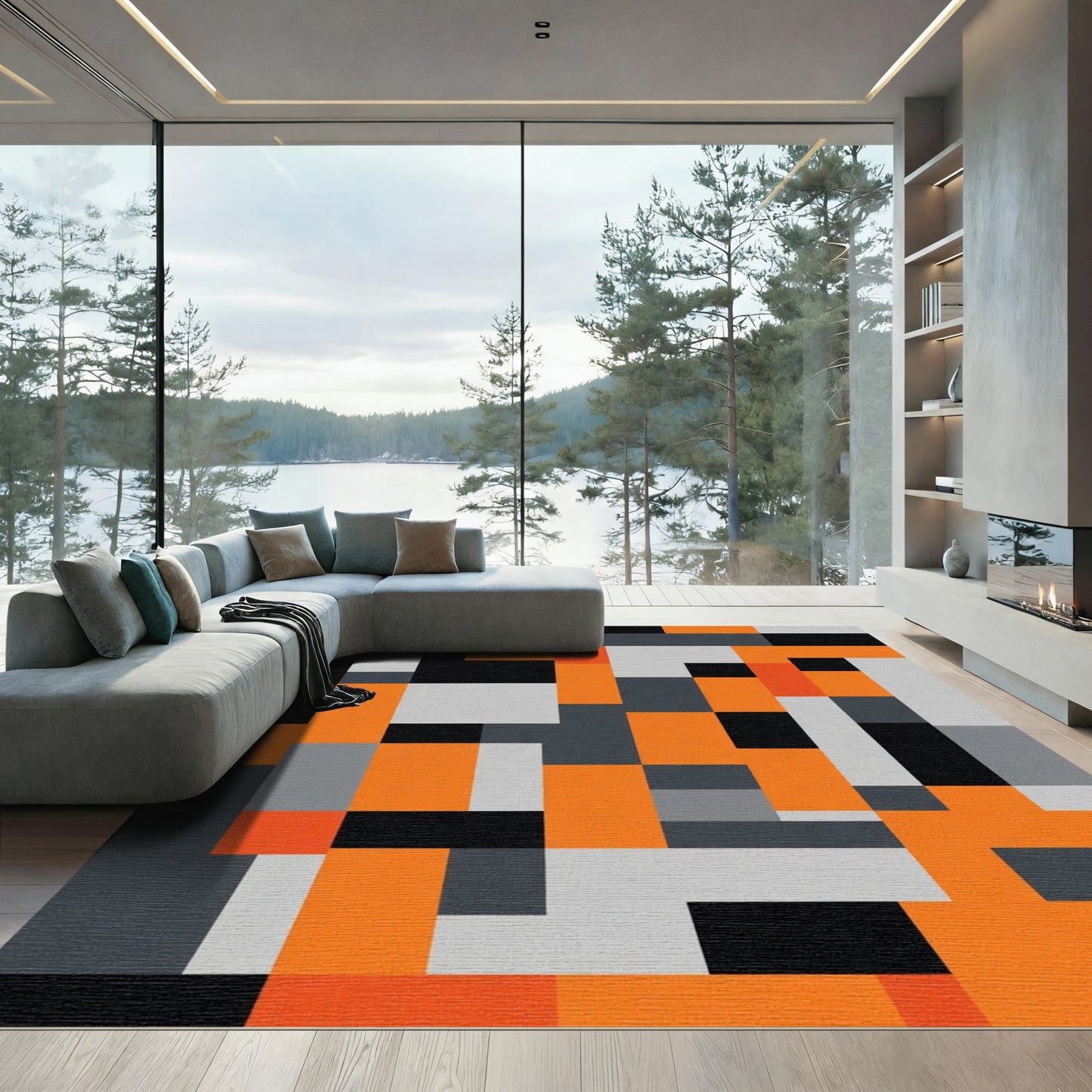 Bold Orange Gray Black Rectangles Rug