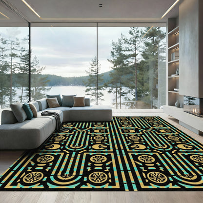 Gold Teal Rectangular Medallion Pattern Rug