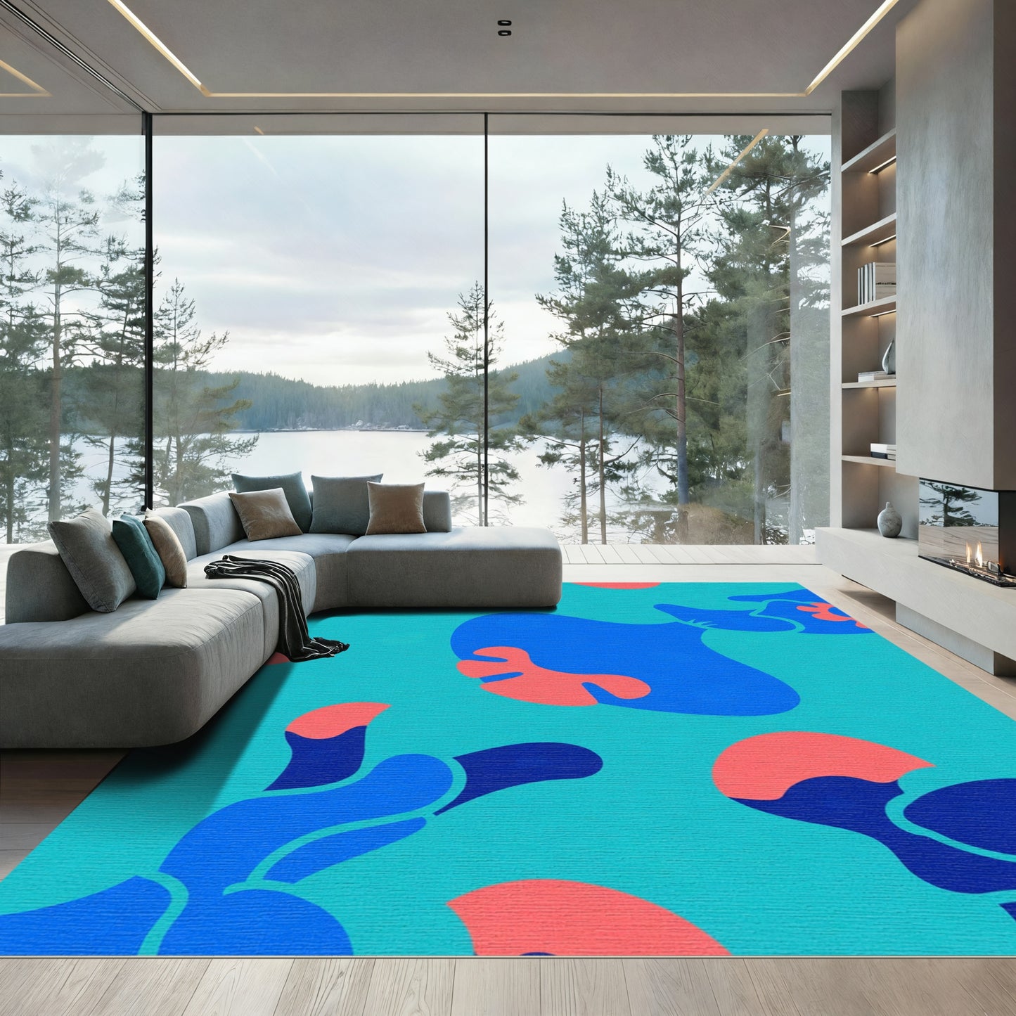 Teal Blue Coral Amoeba Abstract Rug