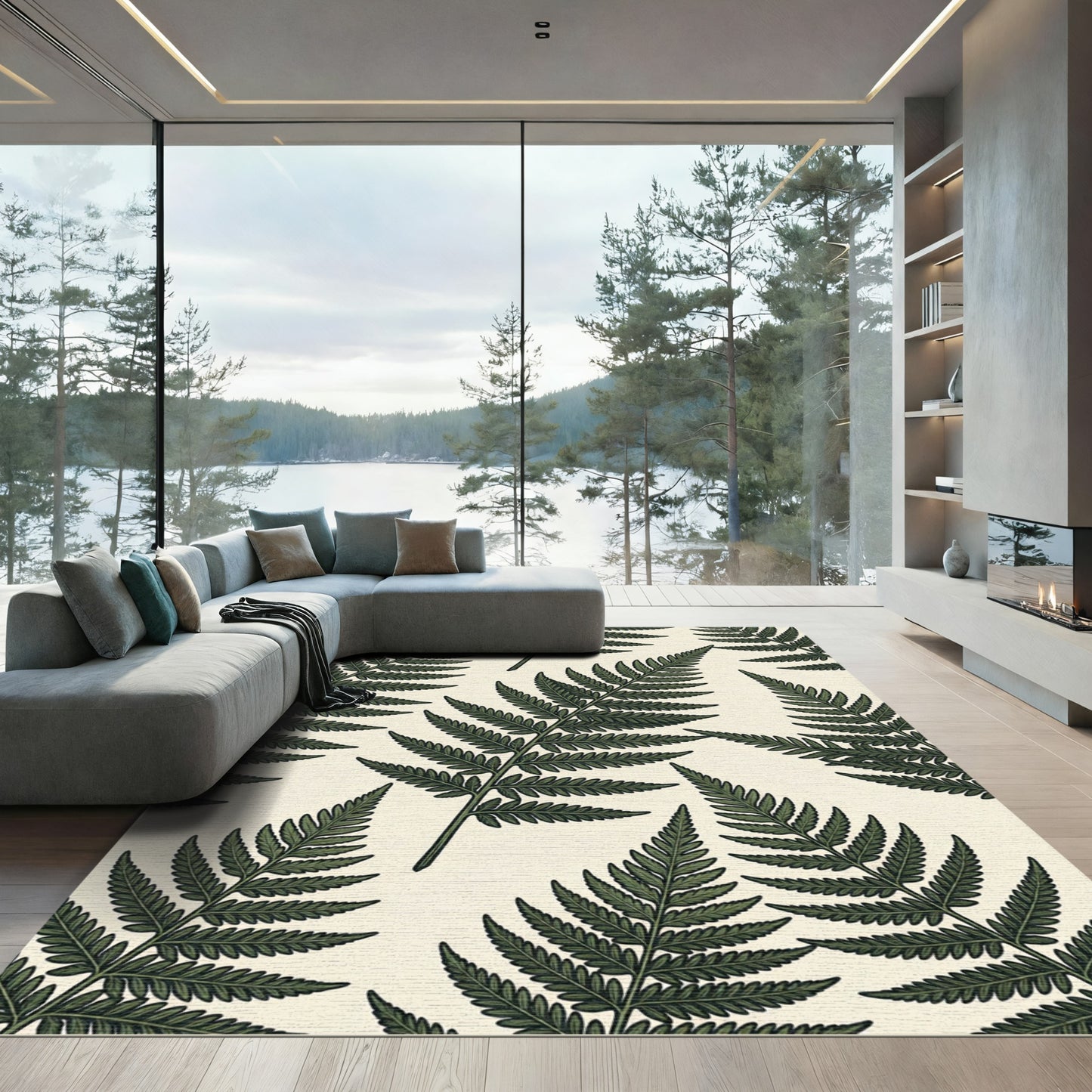 Lush Forest Green Botanical Fern Leaves Rug
