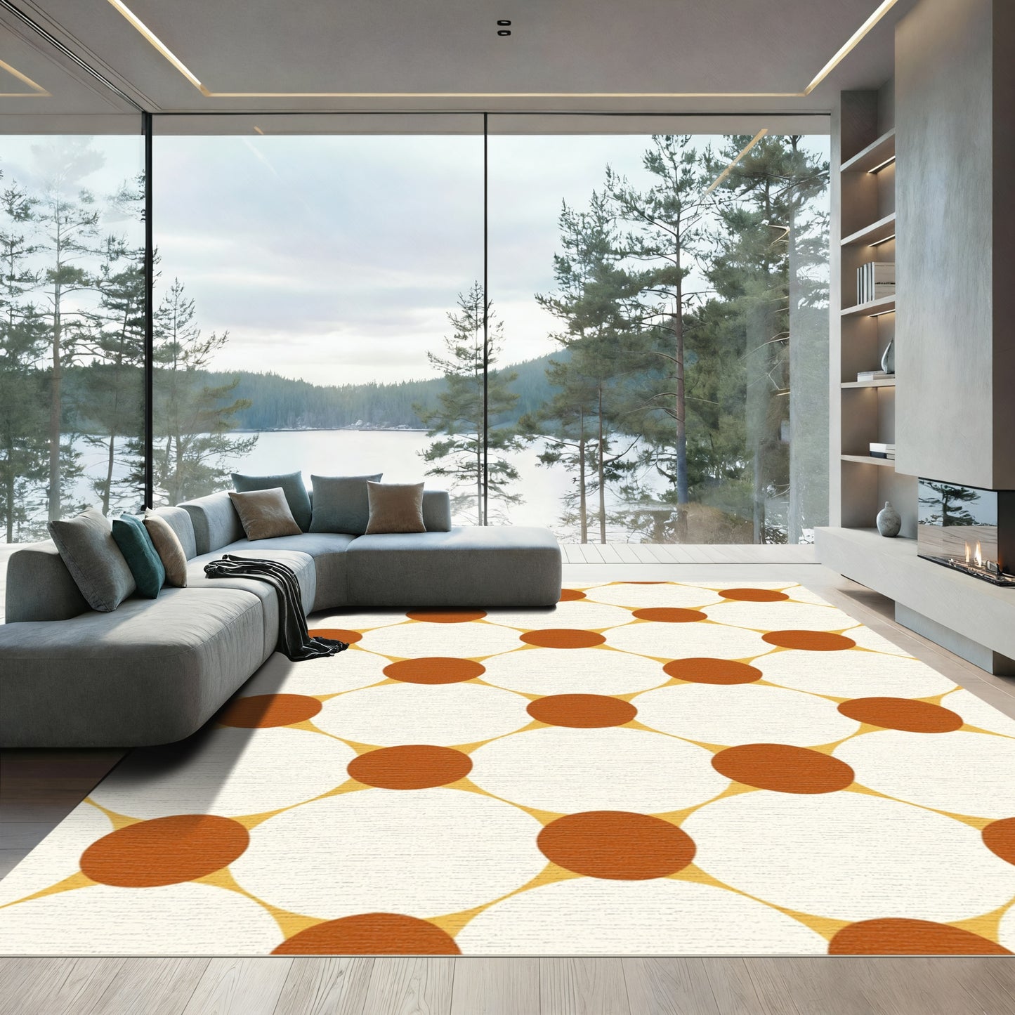 Geometric Circles Ochre Cream Pattern Rug