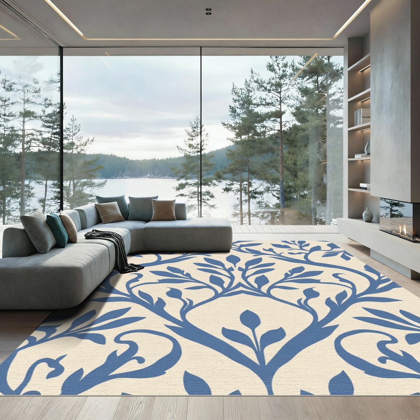 Blue Ivory Floral Vine Damask Rug