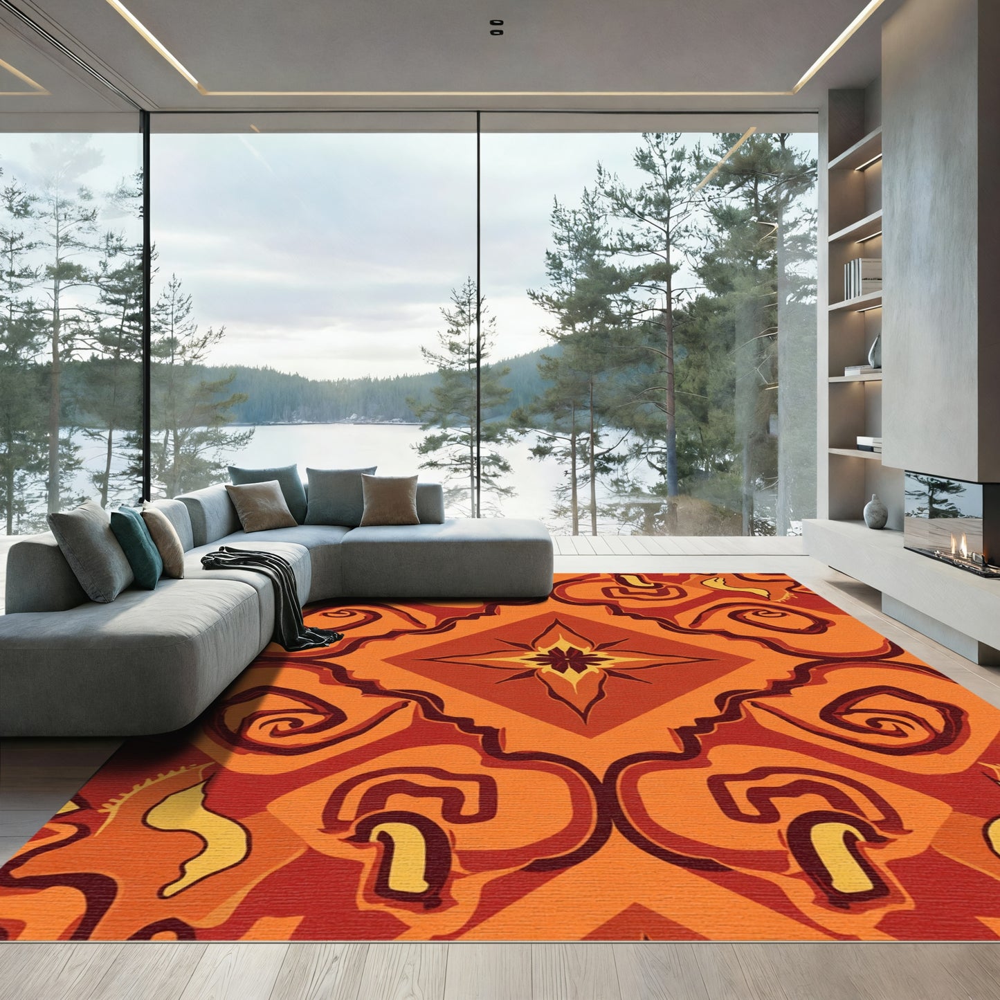 Orange Red Abstract Swirl Medallion Rug