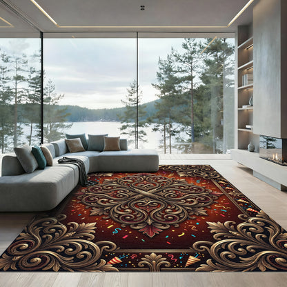 Ornate Gold Baroque Scrolling Medallion Rug