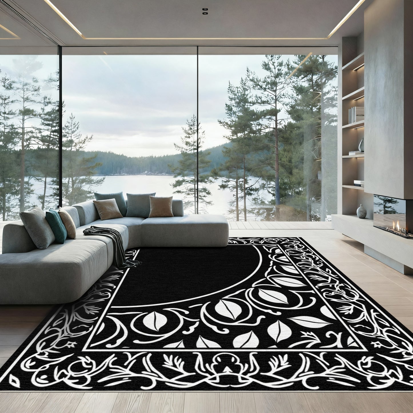 Ornate Black And White Floral Border Rug