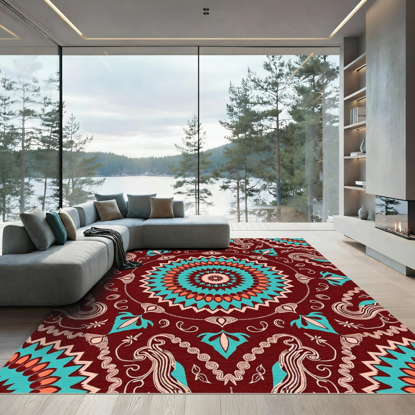 Crimson Turquoise Coral Medallion Mandala Rug