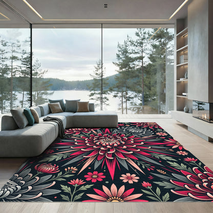 Vibrant Crimson Chrysanthemum Floral Medallion Rug