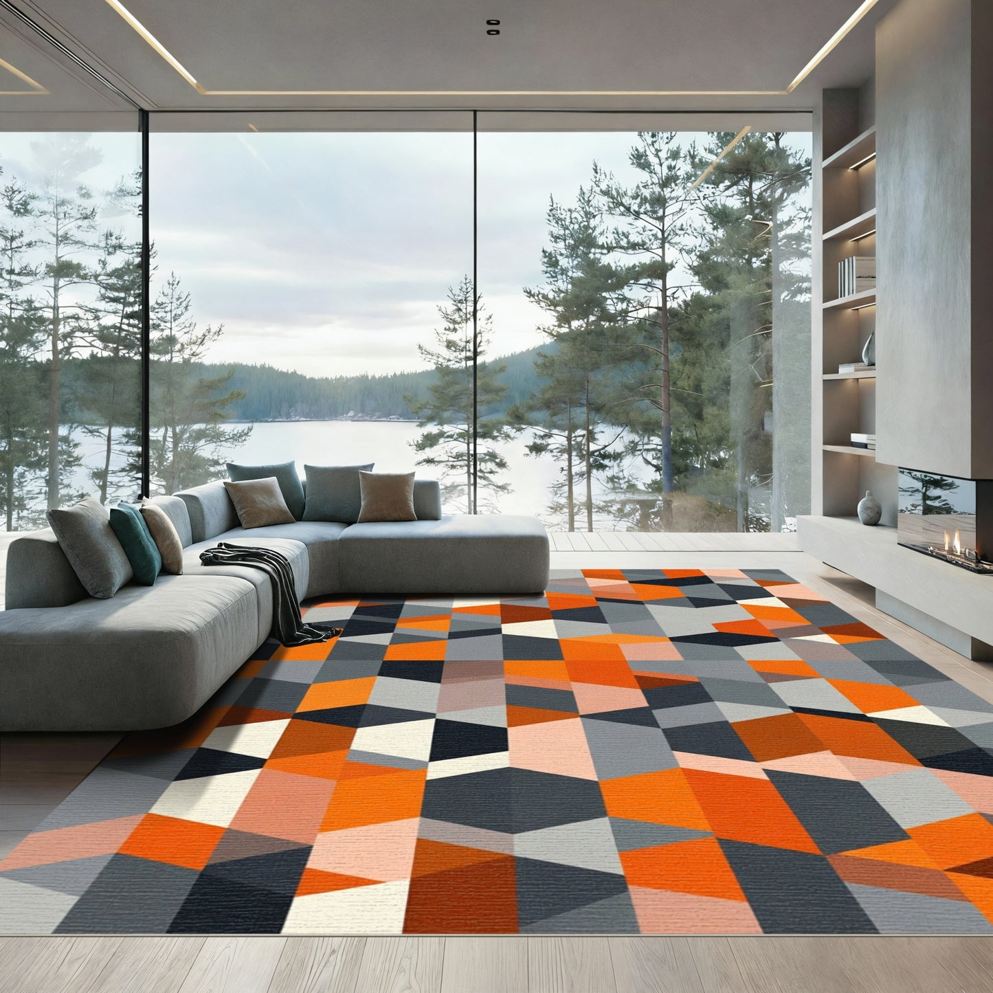 Geometric Amber and Gray Cubes Rug