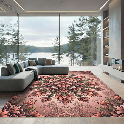 Coral Pink Floral Mandala Medallion Rug