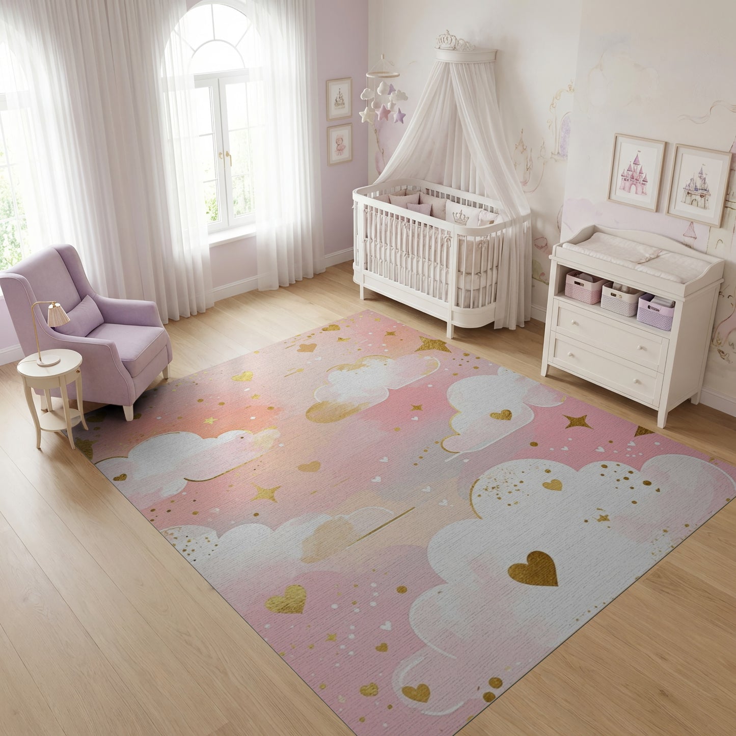 Whimsical Pink Clouds Hearts Stars Rug