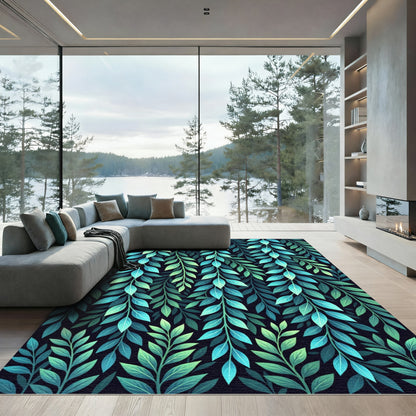 Teal Green Leafy Vine Composition Rug