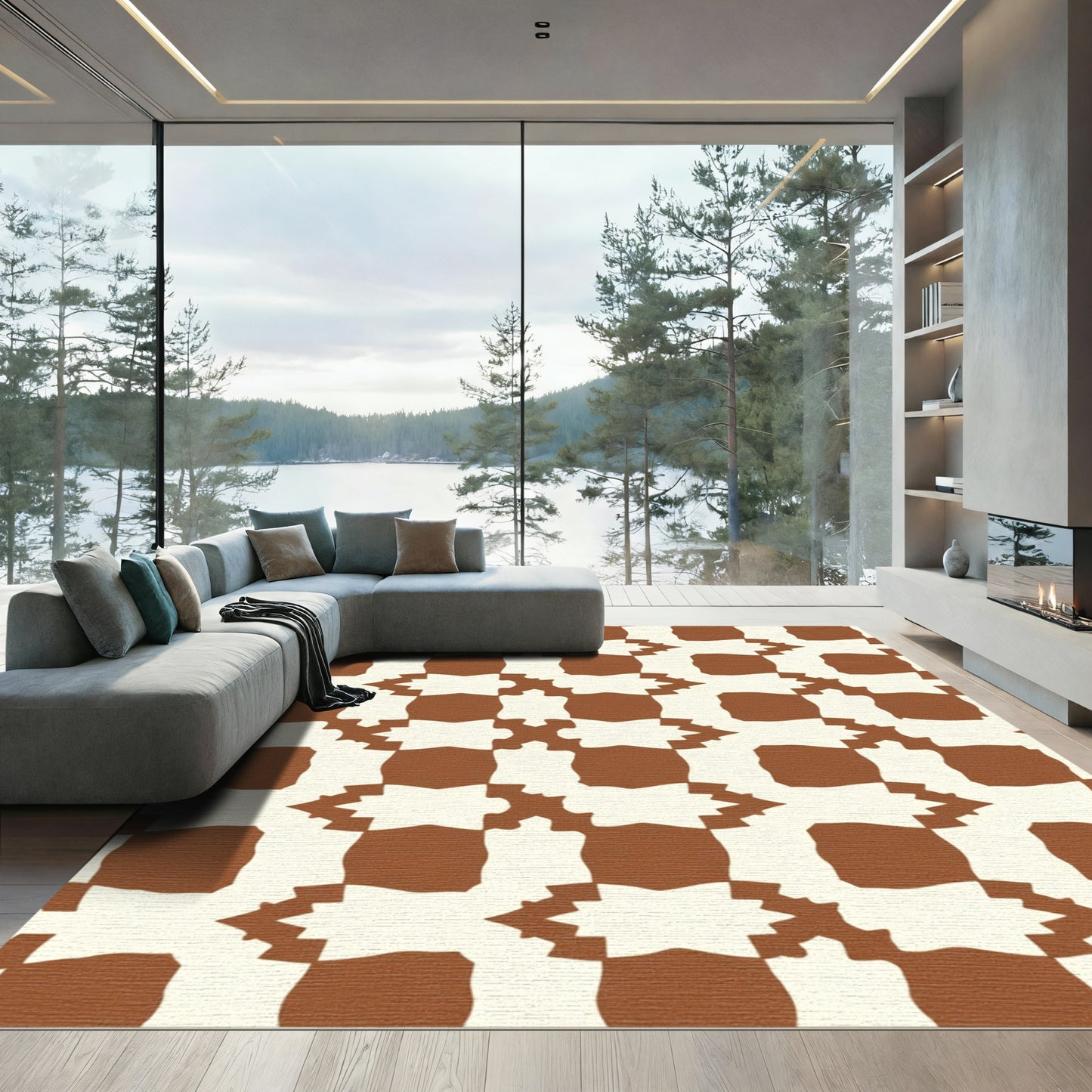Brown and Cream Interlocking Square Rug