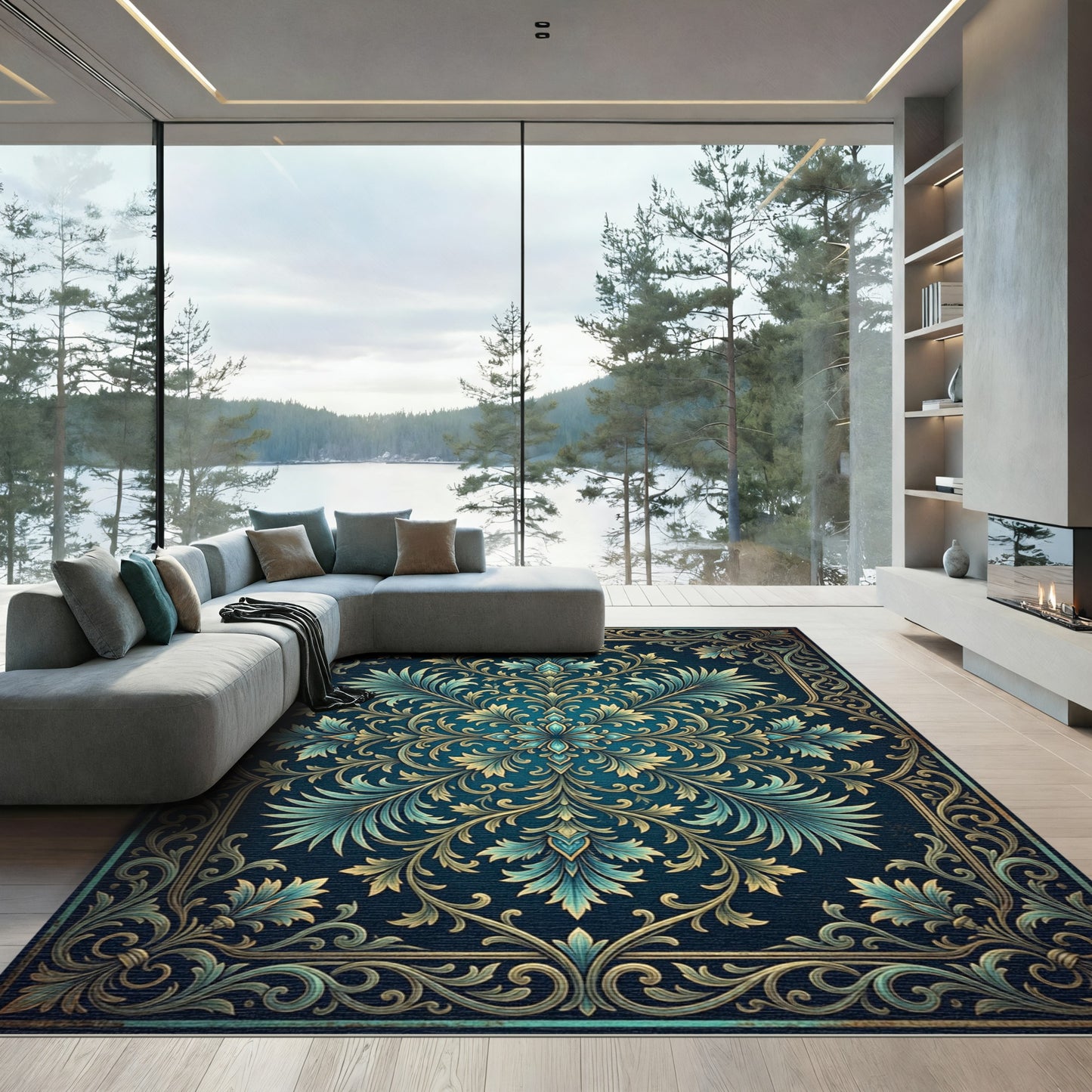 Elegant Teal Gold Ornate Foliage Medallion Rug
