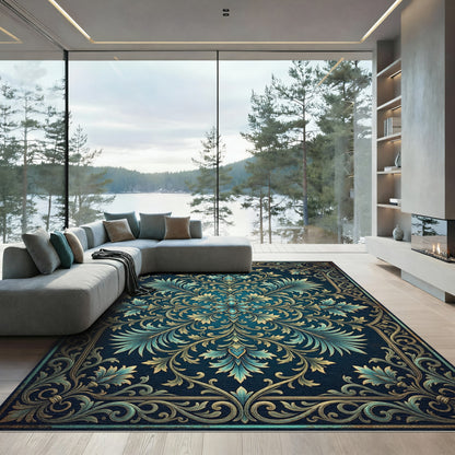 Elegant Teal Gold Ornate Foliage Medallion Rug